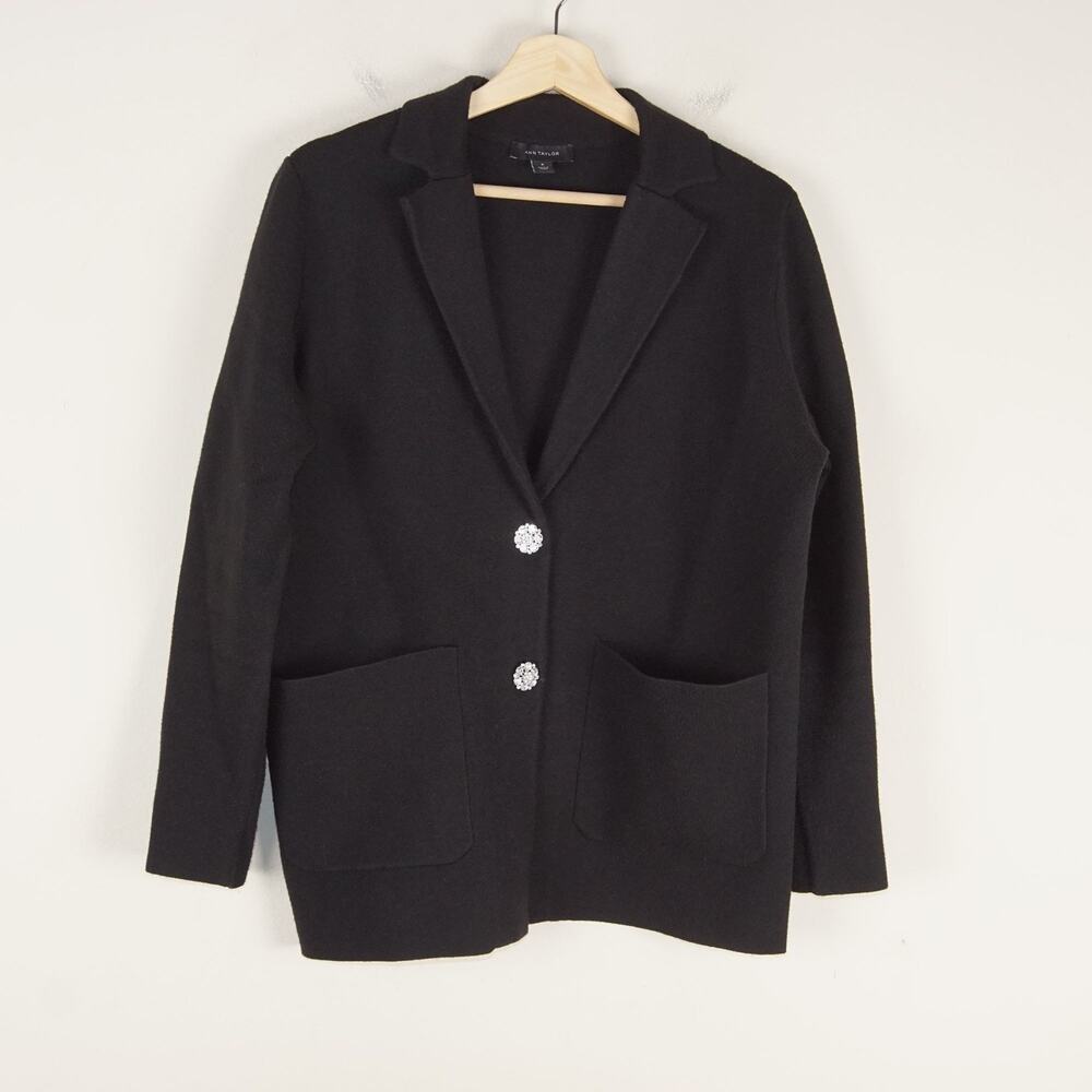 Ann Taylor Jeweled Button Black Knit Sweater Blazer Womens Sz M